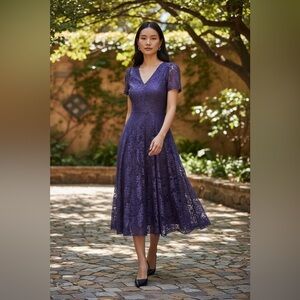 Elegant Blue Lace Midi Dress